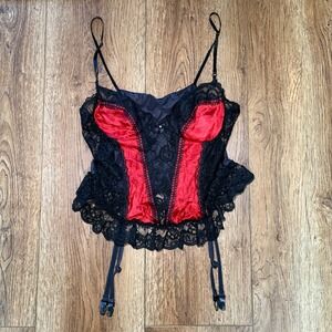 80s Nan Flower Red Black Lace Garter Camisole Top Made in USA Large Nylon Gothic